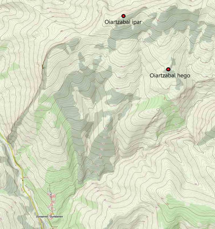 Localización en el mapa del dolmen de Oiartzabal ipar (SITNA)